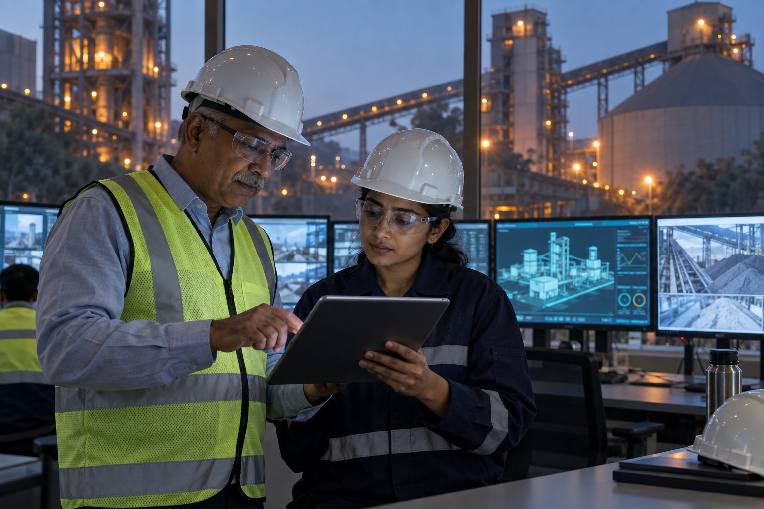 Industrial leader and AI engineer reviewing a tablet in a plant control room